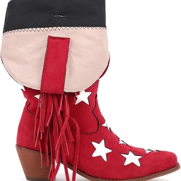 Cowgirl Boots Stars Block Heels Fringed Pull On Faux Suede Under the Knee-RED - Picture 6 of 6